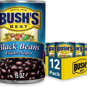 BUSH'S BEST 15 oz Canned Black Beans, Source of Plant Based Protein and Fiber, Low Fat, Gluten Free, (Pack of 12)