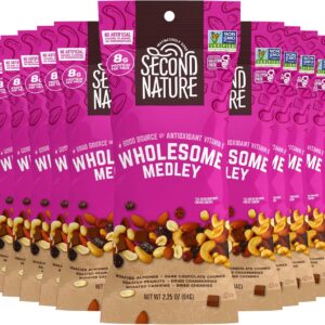 Second Nature Wholesome Medley Trail Mix - 12 Count, 2.25 oz Individual Snack Packs, Certified Gluten-Free – Dark Chocolate, Dried Fruit and Nut Trail Mix, Ideal for Travel Snacks